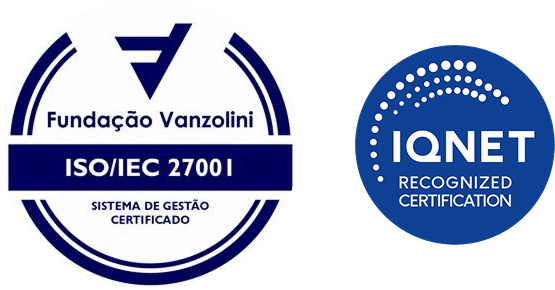 ISO 27001 certification shield or badge with blue and teal accents, professional and clean design